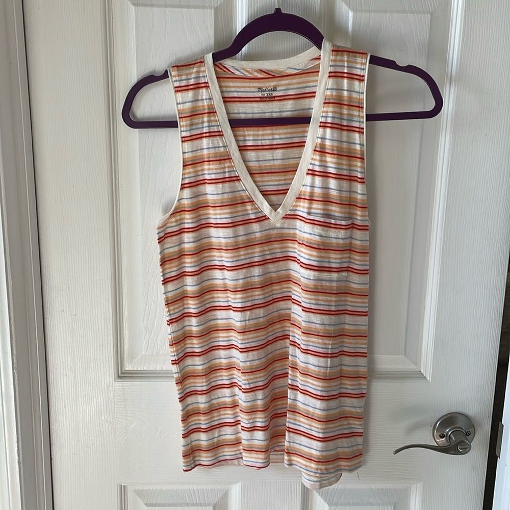 Madewell Whisper Cotton V-Neck Pocket Tank In Baker Stripe Pocket XXS ne…